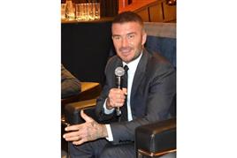東京五輪について「レガシー（遺産）をつくることが大事」語るデビッド・ベッカムさん＝シンガポールのマリーナベイ・サンズ（天野健作撮影）