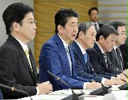 　新型コロナウイルス感染症対策本部会合で発言する安倍首相＝１３日午後、首相官邸