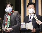 会談後、それぞれ取材に応じた小池百合子東京都知事（左）と西村経済再生相＝９日夜、東京都千代田区