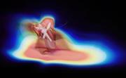 蚊が床の近くを飛んでいる様子のシミュレーション画像。赤い場所は気流の変動が大きい（中田敏是・千葉大助教提供）