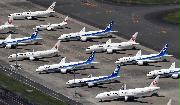 ５月２９日、欠航が相次ぐなかで、羽田空港に留め置かれ並ぶ旅客機（本社チャーターヘリから、大西史朗撮影）