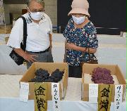 県知事賞を受賞したブドウを眺める入場者（橋爪一彦撮影）