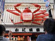 修理のため、脚が取り外されたかに道楽の巨大看板＝２０日午後、大阪市中央区（恵守乾撮影）