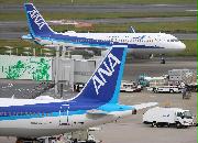 空港で待機するＡＮＡ（全日本空輸）の機体＝２７日、羽田空港（桐山弘太撮影）