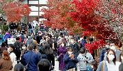多くの観光客でにぎわう、紅葉の名所で知られる京都・嵐山の天龍寺＝２１日、京都市右京区（渡辺恭晃撮影）