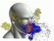 ウレタン製のマスクを着けてせきをした際のシミュレーション画像。飛沫のうち、黄色の点で示されているのは隙間から漏れた粒、青は素材を通り抜けて漏れた粒、赤は漏れずにマスク内や顔表面にとどまった粒を示す（理化学研究所・豊橋技術科学大・神戸大提供、京都工芸繊維大・大阪大・大王製紙協力）