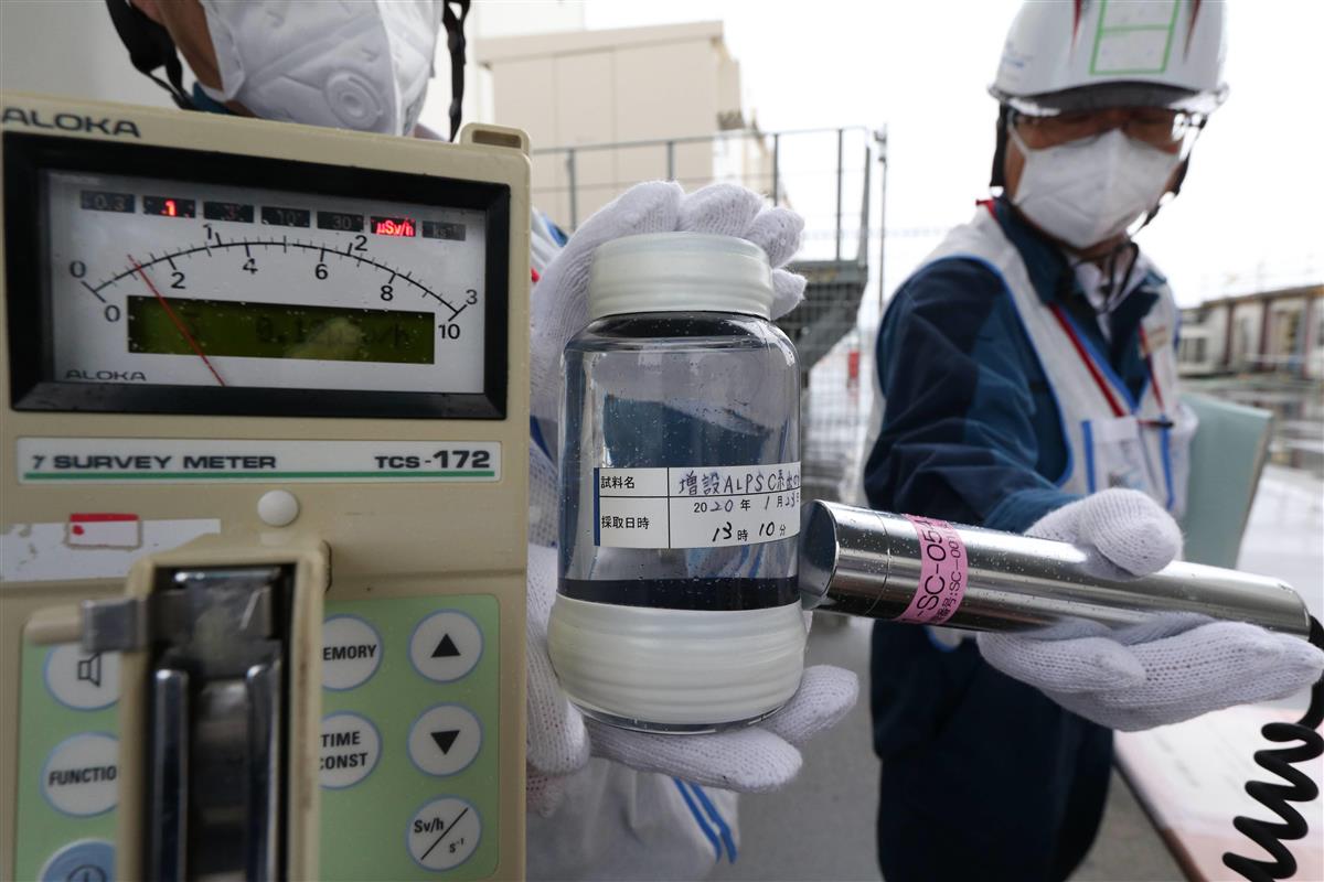 汚染水を浄化した処理水の放射線量は０．１２マイクロシーベルトだった＝東電福島第１原発（芹沢伸生撮影）