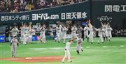 ４連勝で日本シリーズを制し、ベンチを飛び出すソフトバンクの選手ら＝ペイペイドーム（産経新聞社）