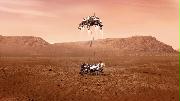 母船からつり下げられ火星に着陸する探査車パーシビアランスの想像図（ＮＡＳＡ提供・共同）