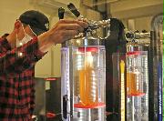 ペットボトルに生ビールを注ぐグリーンエージェントの従業員＝１４日午前、埼玉県上尾市（竹之内秀介撮影）