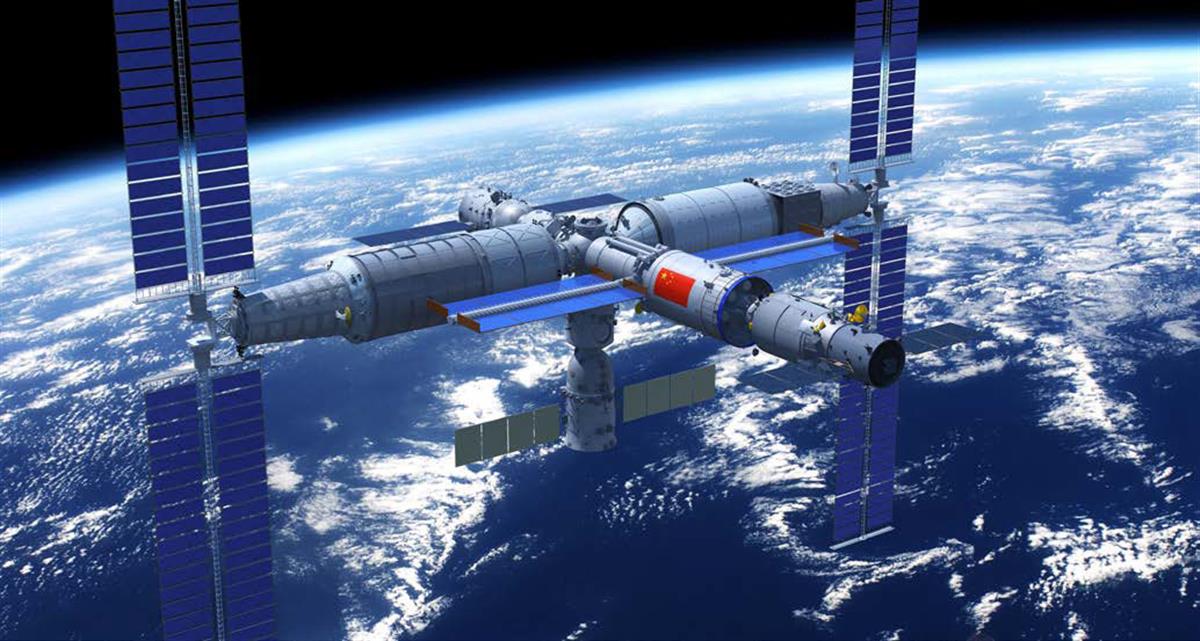 中国宇宙ステーションの完成イメージ図。中国国旗が掲げられたモジュールが、今回打ち上げられた「天和」(CMSEO)