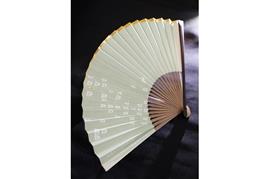 昨年の棋聖戦第２局で藤井聡太棋聖が「３一銀」と指した局面をデザインした扇子。クラウドファンディング限定の記念品（澤野貴信撮影）