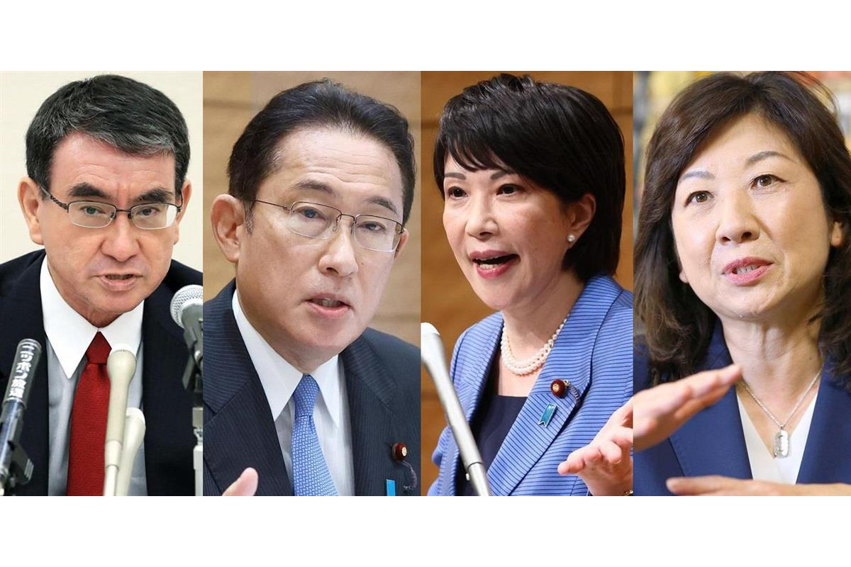 （左から）自民党総裁選に立候補した河野太郎ワクチン担当相（佐藤徳昭撮影）、岸田文雄前政調会長（春名中撮影）、高市早苗前総務相（春名中撮影）、野田聖子幹事長代行（萩原悠久人撮影）
